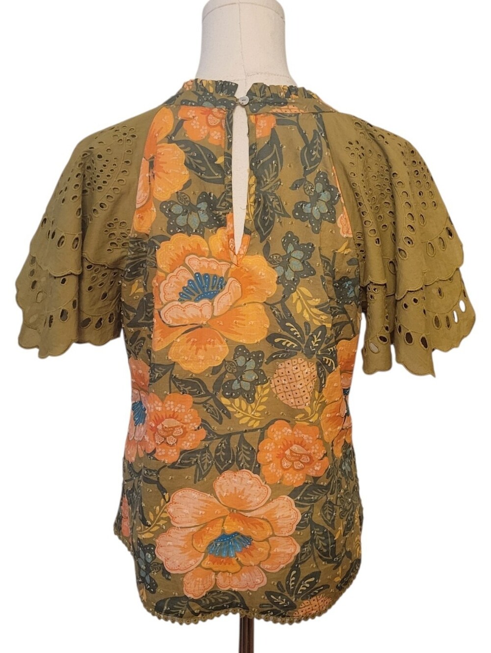 Anthropologie Farm Rio Olive Green & Peach Eyelet Floral Top Size Small - Picture 5 of 6